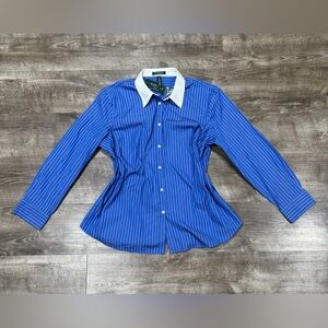 lauren ralph lauren button down Shirt Blue Pin Stripe White Cuff Women Sz 2x 90s